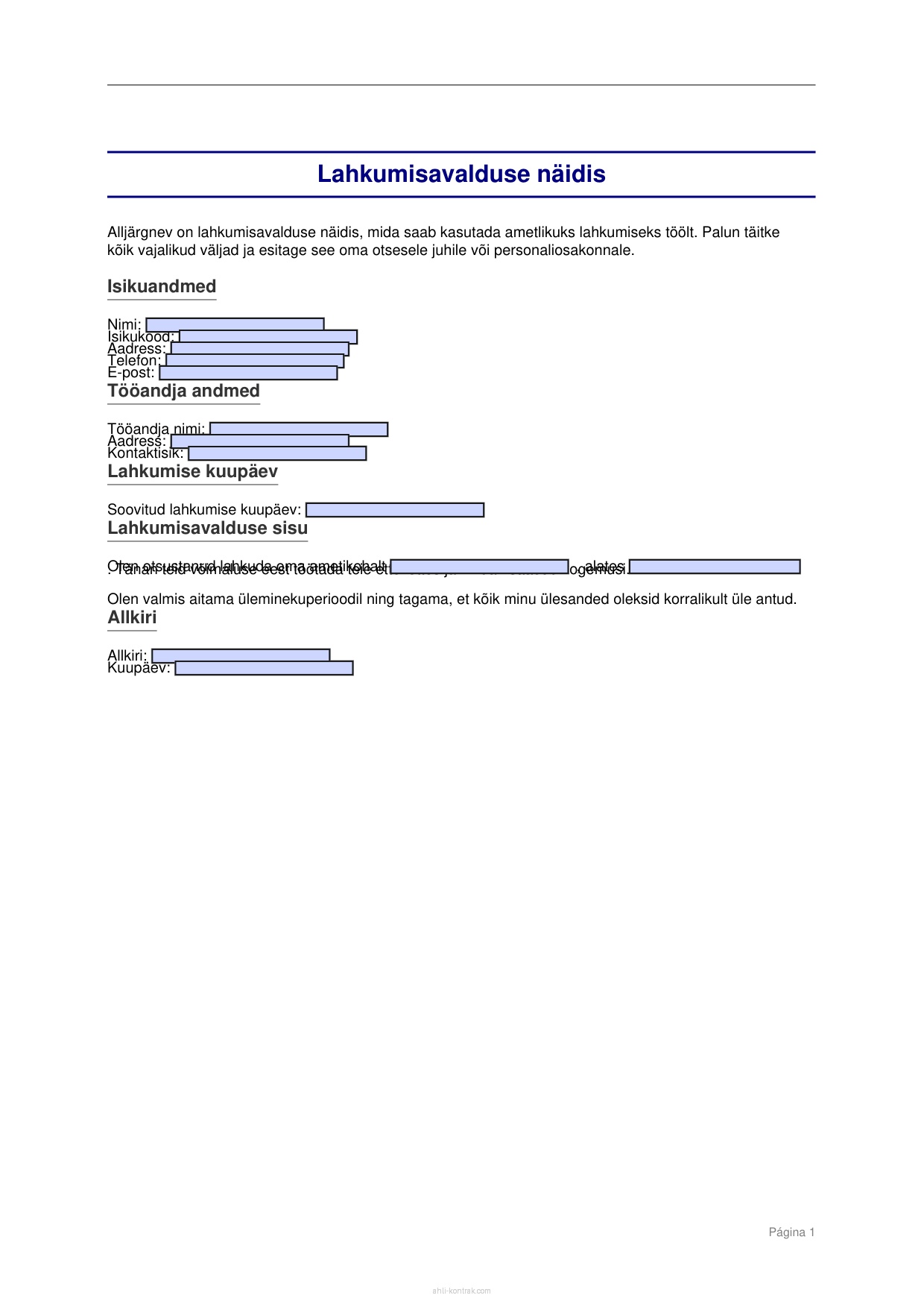 Lahkumisavalduse Näidis Pdf