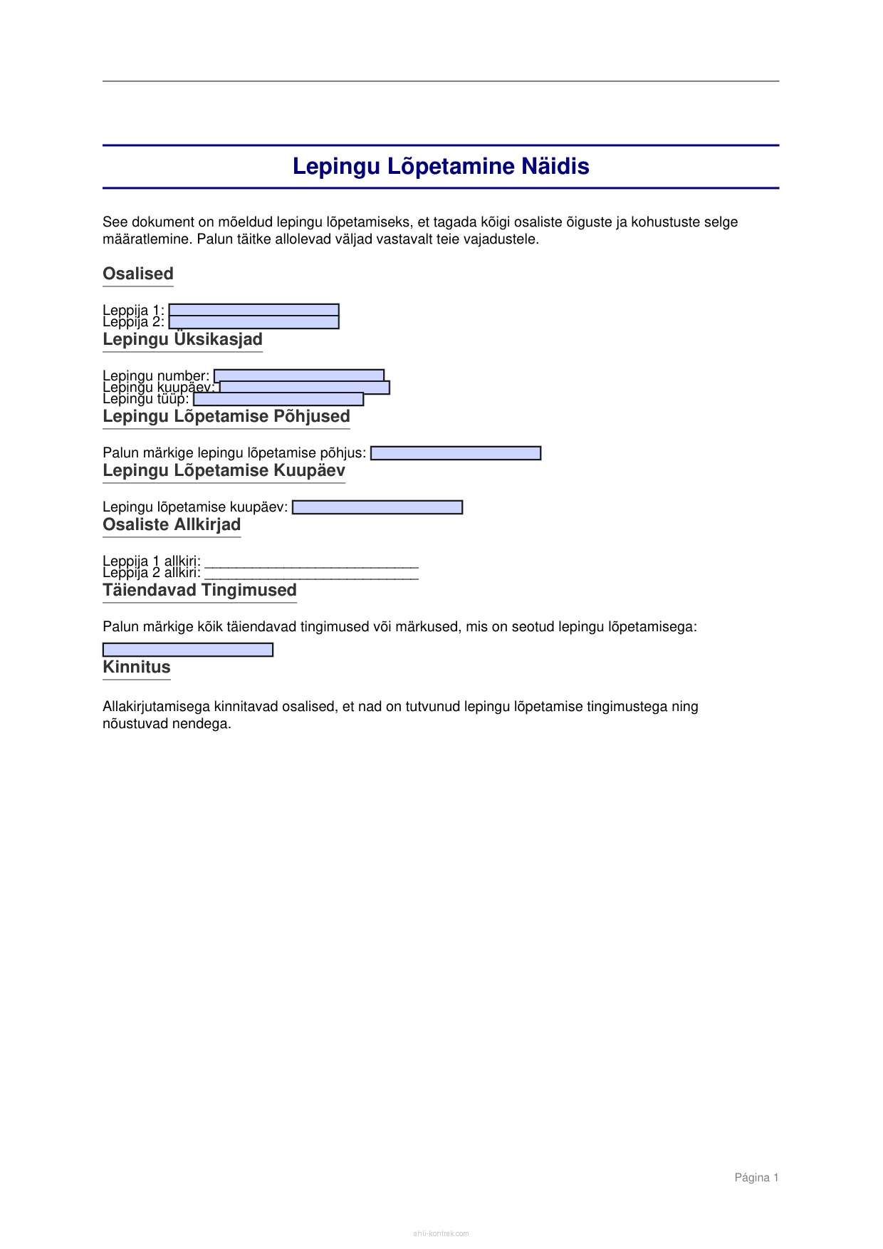 Lepingu Lõpetamine Näidis