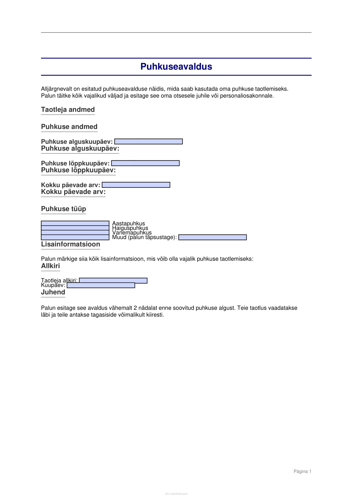 Puhkuseavaldus N idis WORD Ja PDF Tasuta