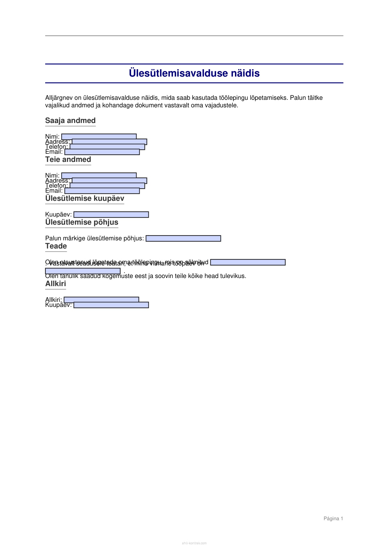 Ülesütlemisavalduse Näidis